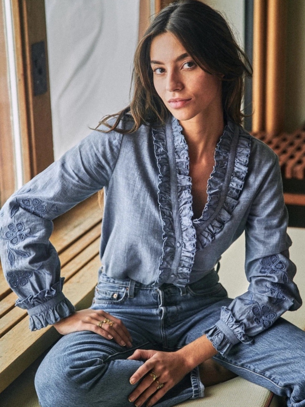 Sezane Slate Blue Ruffled V-Neck Embroidered Blouse